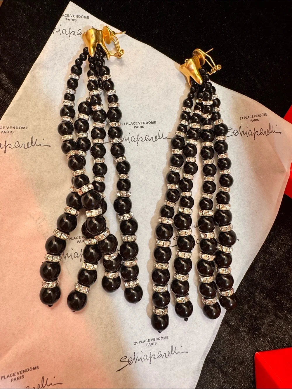 Schiaparelli inspired Elegant Black Beaded Drop Earrings with Gold Accents
